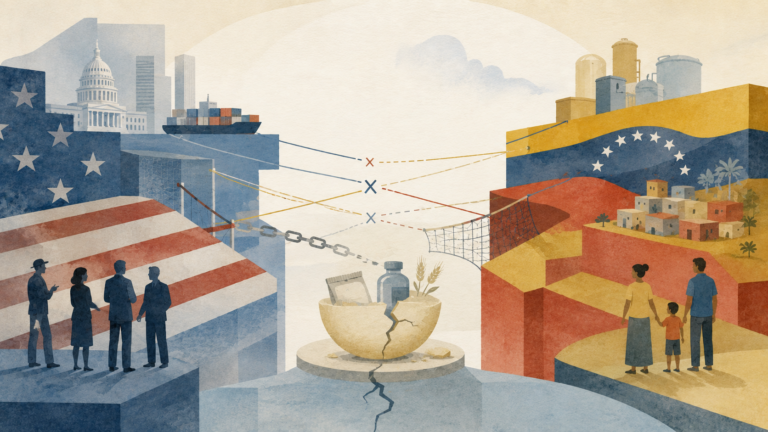 Abstrakte Editorial-Illustration zum Thema „USA greifen Venezuela an“: Links stehen blaue architektonische Formen mit angedeuteten Sternen, Streifen, Kapitol und Frachtschiff, rechts gelb-rot-blaue Raumformen mit Industrieanlagen, Siedlung und einer kleinen Familie. Dazwischen verlaufen gespannte und teils unterbrochene Verbindungen; im Zentrum steht ein aufgerissenes Gefäß mit Vorräten und Fläschchen als Bild für beschädigte Versorgung und gesellschaftliche Folgen.