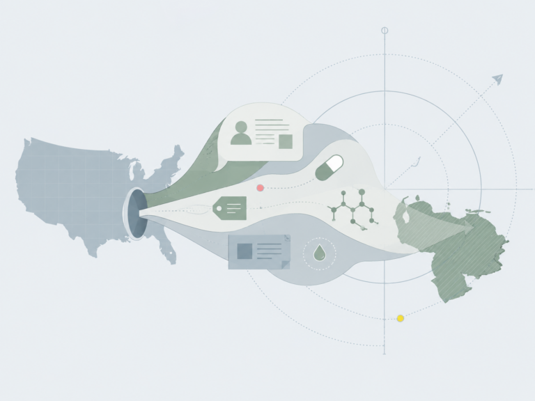 Illustration von USA und Venezuela mit Megafon und Drogensymbolen als Darstellung politischer Drogennarrative.