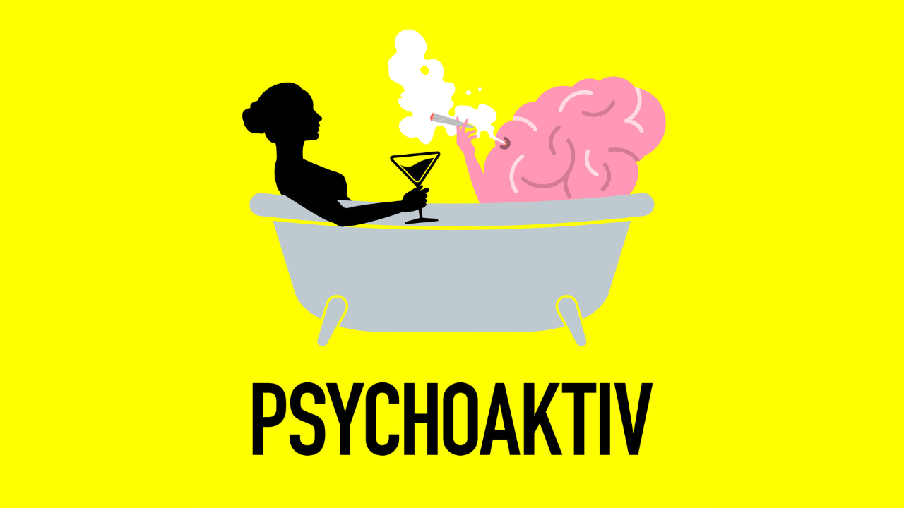 Psychoaktiv-Logo in gelb mit Person in Badewanne, Gehirn und Schriftzug.