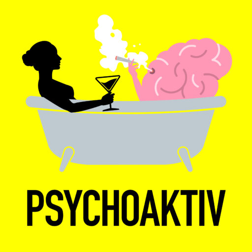 Psychoaktiv-Logo mit Person in Badewanne, Gehirn und Schriftzug.