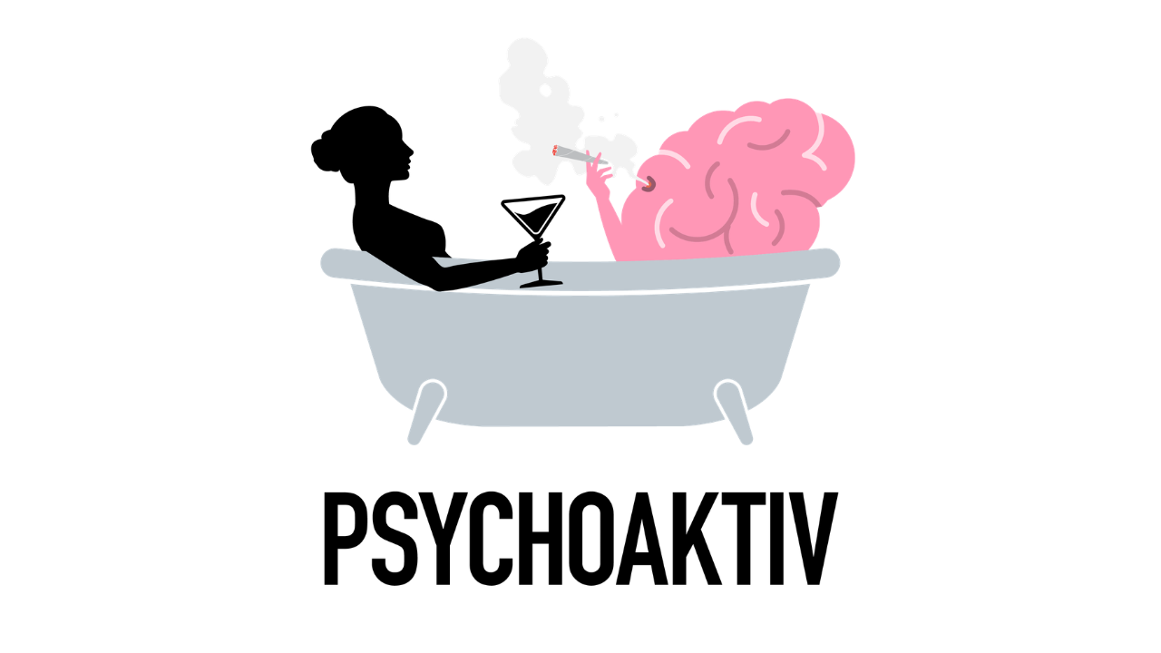 Psychoaktiv-Logo in weiß mit Person in Badewanne, Gehirn und Schriftzug.