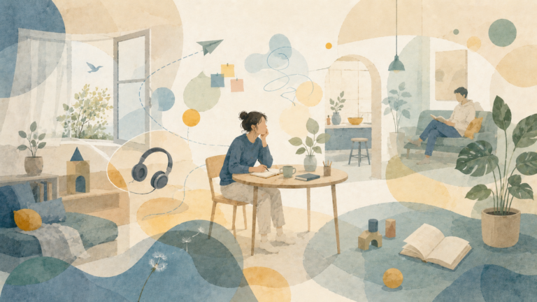 Eine Person sitzt in einem hellen, vielschichtigen Wohnraum an einem Tisch mit Buch, Tasse und Pflanze. Halbtransparente Flächen, schwebende Formen, Kopfhörer, Bausteine und weitere verbundene Räume veranschaulichen unterschiedliche Wahrnehmungen, Reize und Alltagsanforderungen im Zusammenhang mit ADHS.