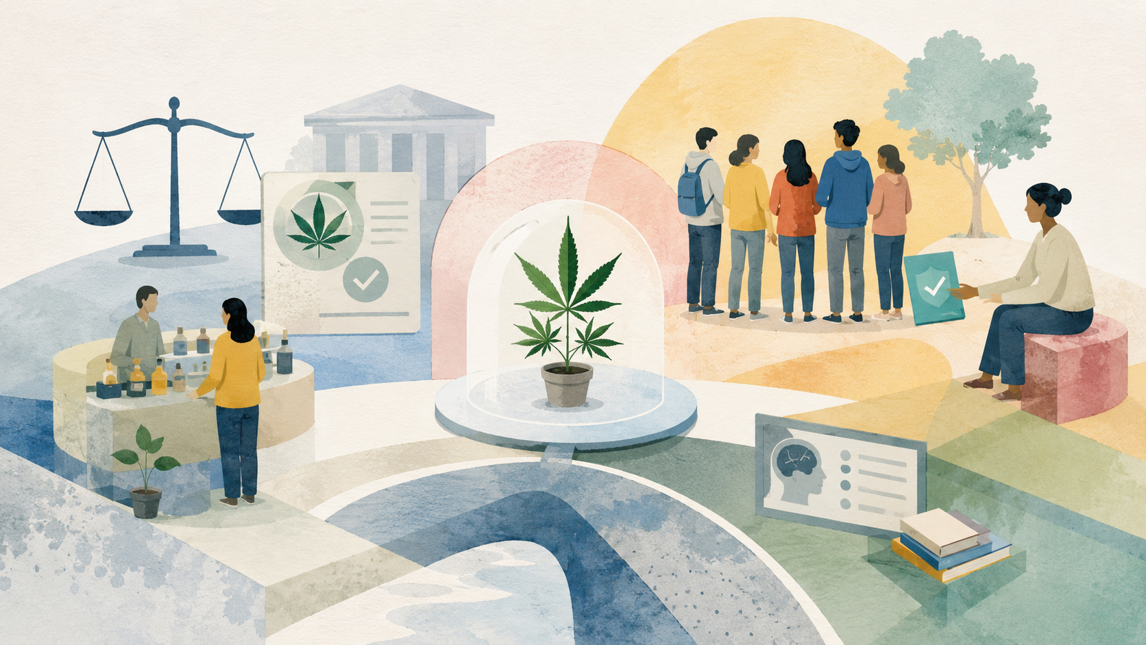Abstrakte Editorial-Illustration zur Cannabislegalisierung und zum Jugendschutz: Eine Cannabispflanze steht geschützt unter einer transparenten Haube. Waage, Behördengebäude, Informationsmaterialien und eine Gruppe junger Menschen verweisen auf Regulierung, Aufklärung und gesellschaftliche Verantwortung.