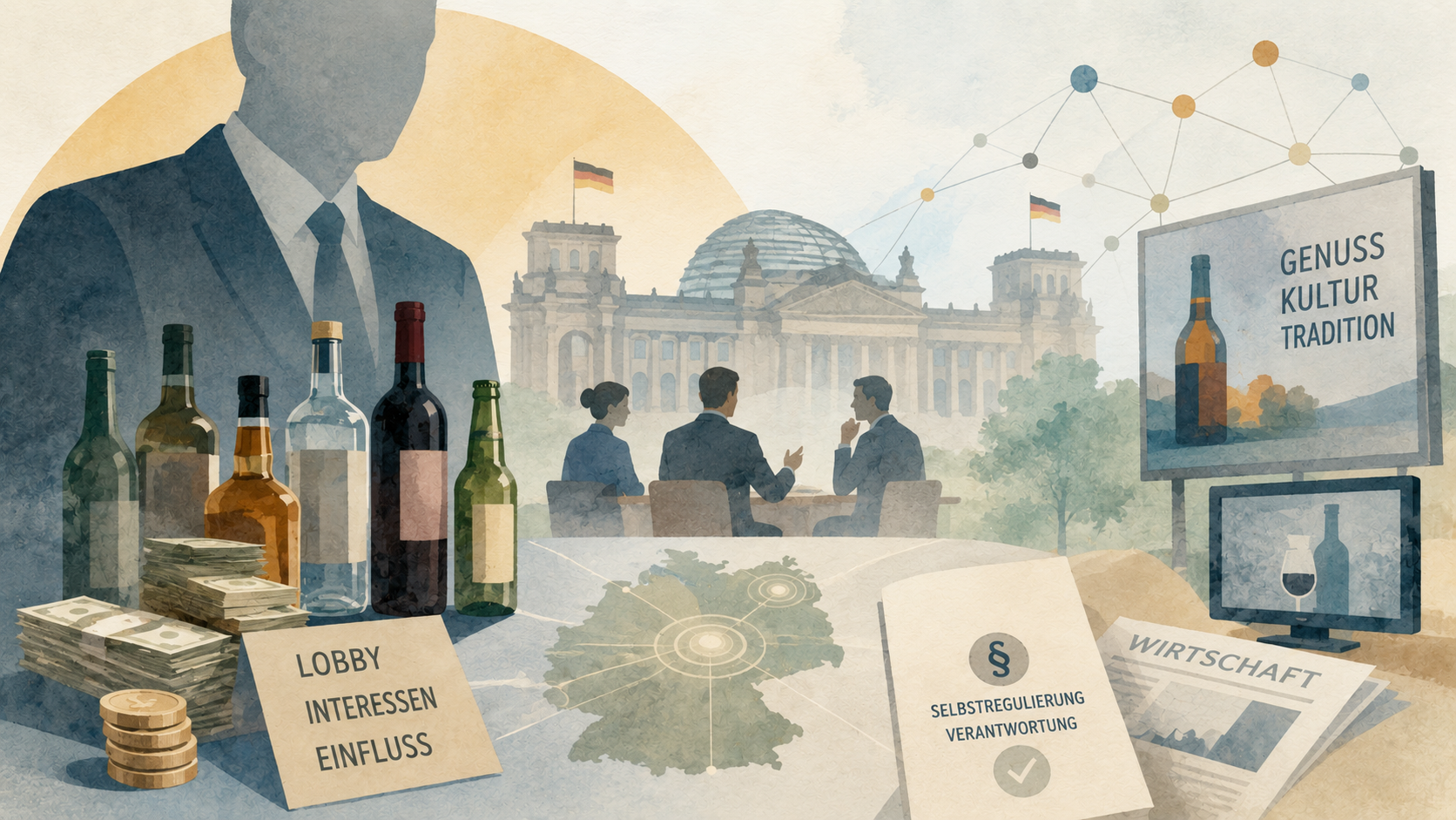 bstrakte Editorial-Illustration zur Macht der Alkohollobby in Deutschland: Vor dem Reichstagsgebäude beraten mehrere Personen, während große Alkoholflaschen, Geldstapel, Werbeflächen und ein Netzwerk über einer Deutschlandkarte wirtschaftlichen und politischen Einfluss symbolisieren.