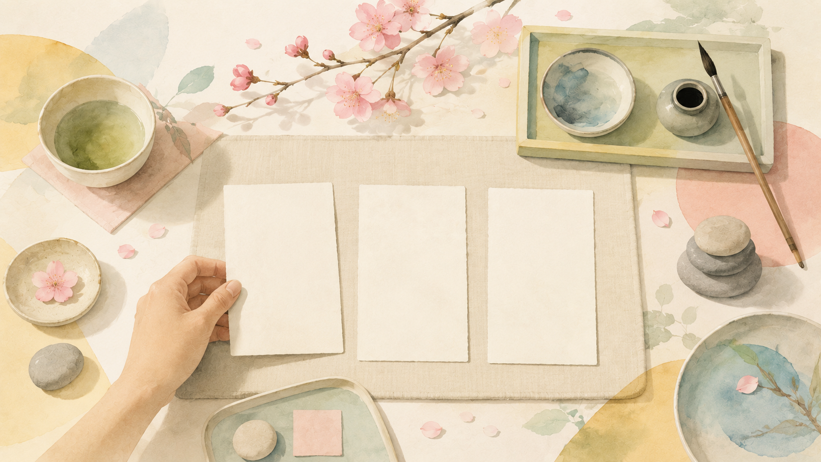 Abstrakte Editorial-Illustration zum Thema „Haiku – achtsam, poetisch, therapeutisch“: In der Vogelperspektive liegt auf einer hellen Unterlage eine geordnete japanisch inspirierte Arbeitsfläche mit drei leeren Papierkarten, einer Teetasse, kleinen Schalen, einem Pinsel, glatten Steinen und einem Kirschblütenzweig. Eine Hand legt behutsam eine der Karten auf die Matte, während lose Blütenblätter die ruhige Szene ergänzen.