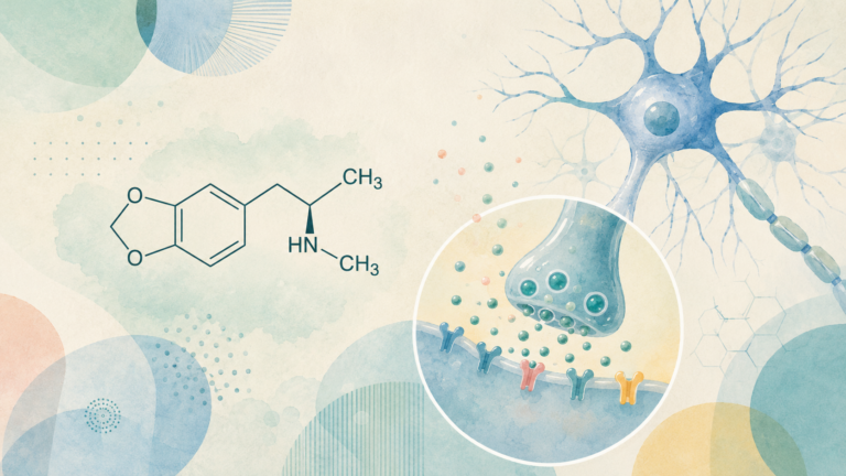 Abstrakte Illustration zum Thema „Ist MDMA neurotoxisch?“ mit chemischer MDMA-Strukturformel, einer großen Nervenzelle und einer vergrößert dargestellten Synapse mit Botenstoffen und Rezeptoren in hellen Blau-, Türkis- und Cremetönen.
