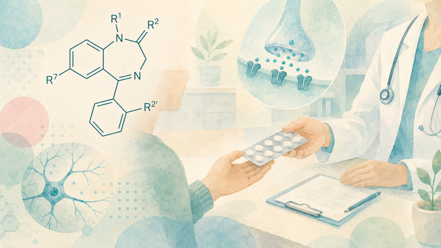 Abstrakte Illustration einer ärztlichen Gesprächssituation: Eine Person im weißen Kittel reicht einer sitzenden Person an einem Schreibtisch einen Blister mit Tabletten. Daneben sind eine generische Benzodiazepin-Strukturformel, eine vergrößerte Synapse mit Rezeptoren und eine stilisierte Nervenzelle in hellen Creme-, Blau-, Türkis- und Grüntönen zu sehen.