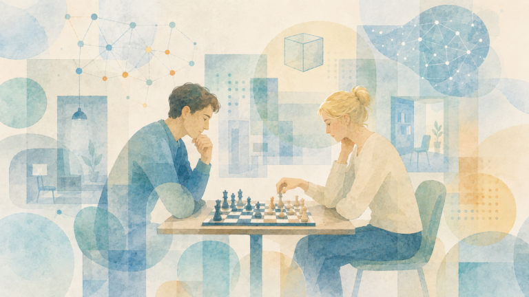 Abstrakte Illustration zum Thema Hochbegabung: Eine blonde Frau und ein Mann sitzen sich an einem kleinen Tisch bei einer ruhigen Schachpartie gegenüber. Um sie herum liegen transparente geometrische Flächen, feine Netzwerkstrukturen und angedeutete Innenräume in hellen Blau-, Mint- und Beigetönen.