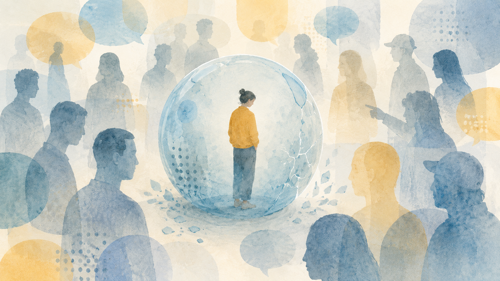 Abstrakte Illustration zum Thema Stigmatisierung und Sucht: Eine einzelne Person steht in einer transparenten, leicht rissigen Blase und ist von vielen schemenhaften Menschen sowie großen, angedeuteten Sprechblasen umgeben. Die Szene ist in hellen Blau-, Creme-, Gelb- und Orangetönen gehalten und vermittelt soziale Distanz und Beobachtetwerden.
