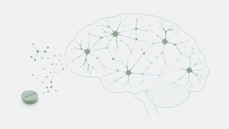 Abstraktes Gehirn als neuronales Netzwerk, daneben eine Tablette und molekülartige Punkte als Symbolbild für die Frage Ist MDMA neurotoxisch?