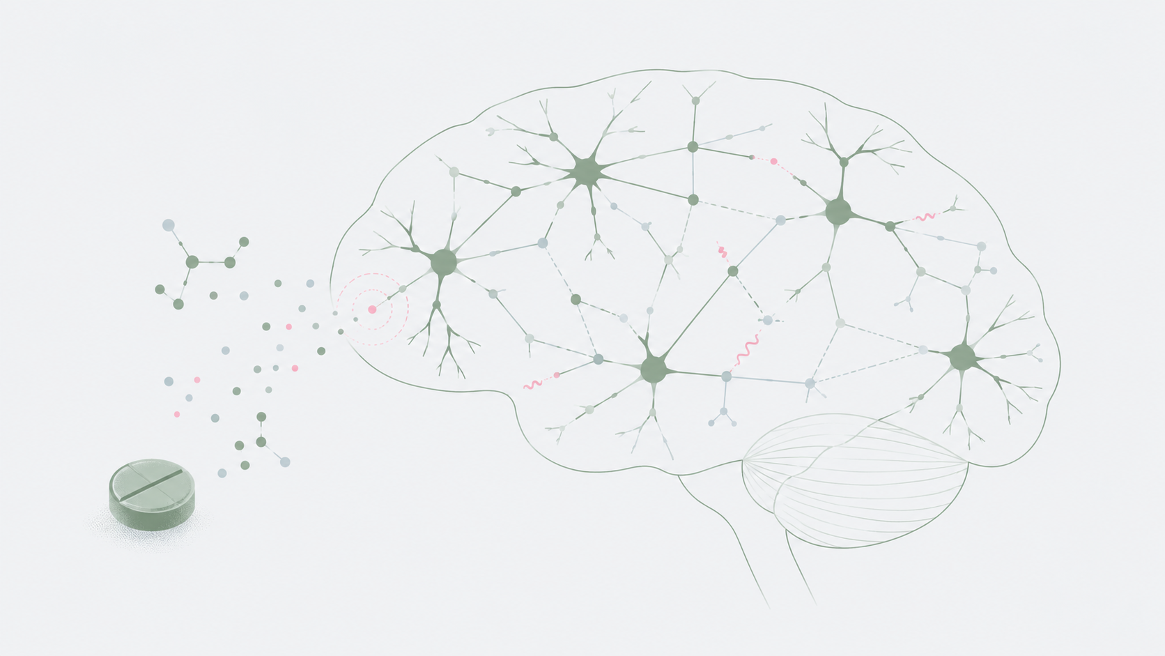Abstraktes Gehirn als neuronales Netzwerk, daneben eine Tablette und molekülartige Punkte als Symbolbild für die Frage Ist MDMA neurotoxisch?