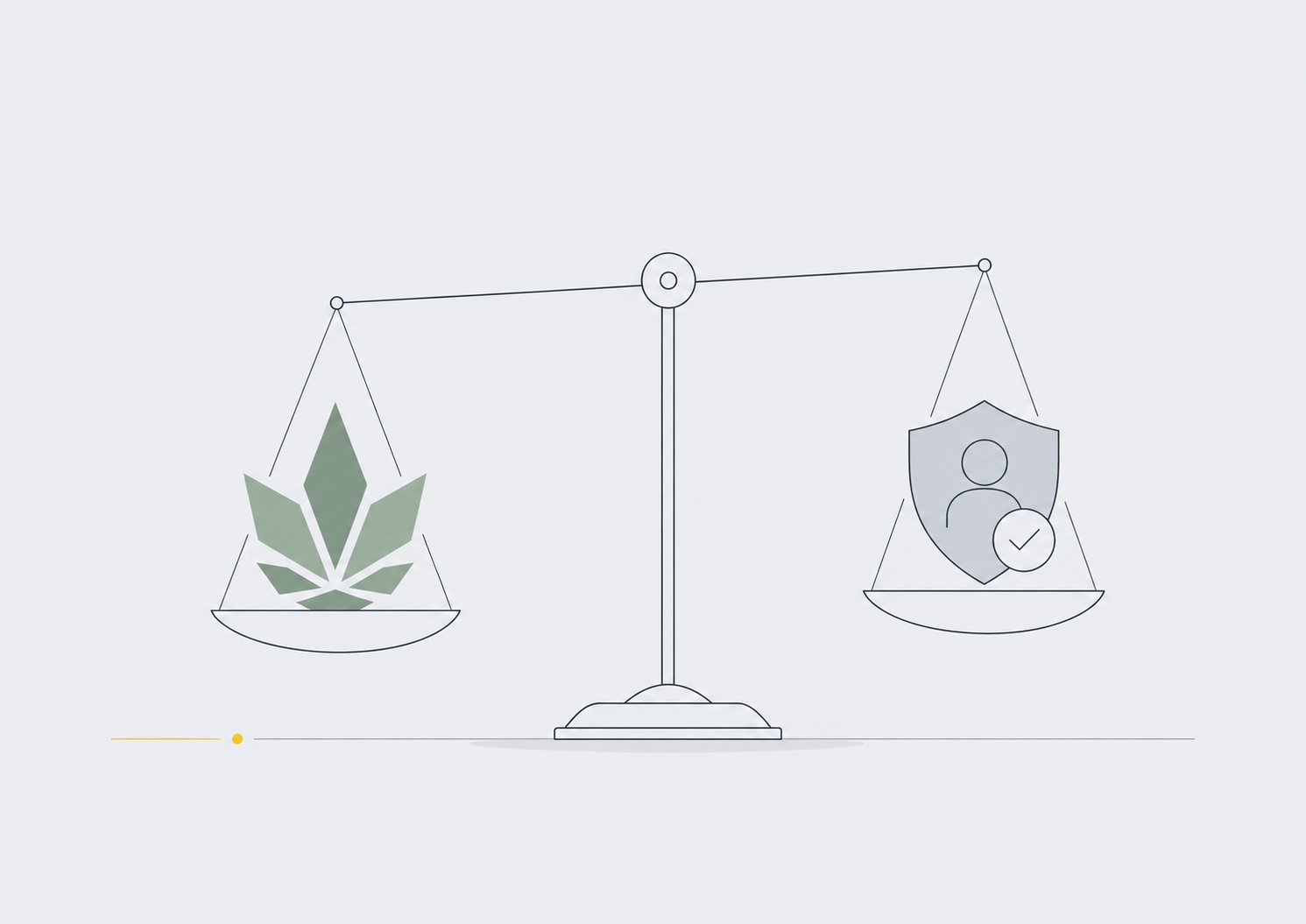 Illustration einer Waage mit Cannabisblatt und Schutzsymbol als Darstellung der Debatte um Cannabislegalisierung und Jugendschutz.