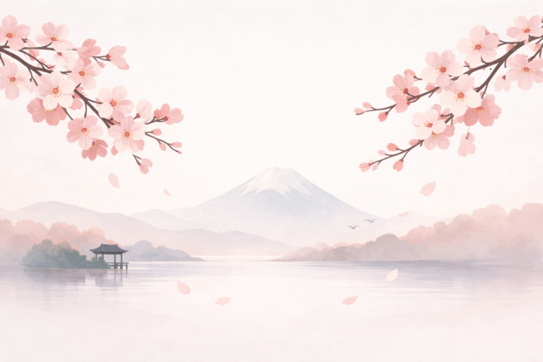 Aquarellartige Landschaft mit Kirschblüten und Berg als Symbol für achtsame Haikus in der Therapie.