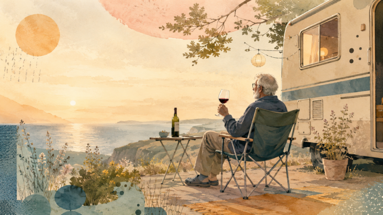 Ein älterer Mann sitzt entspannt vor einem Camper an einer Küste und hält ein Glas Rotwein in der Hand. Vor ihm stehen eine Weinflasche und eine kleine Schale, im Hintergrund liegen Meer, Hügel und ein heller Abendhimmel.