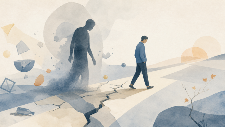 Abstrakte Editorial-Illustration zum Thema „Der Tod als Begleiter der Sucht“: Eine einzelne Person geht durch einen hellen, offenen Raum über einen rissigen Weg. Hinter ihr folgt eine große, dunkle, halbtransparente Schattenfigur; um sie herum liegen eine Flasche, ein zerbrochenes Gefäß, schwebende Bruchstücke und wenige kleine Pflanzen vor einem blassen, ruhigen Hintergrund.