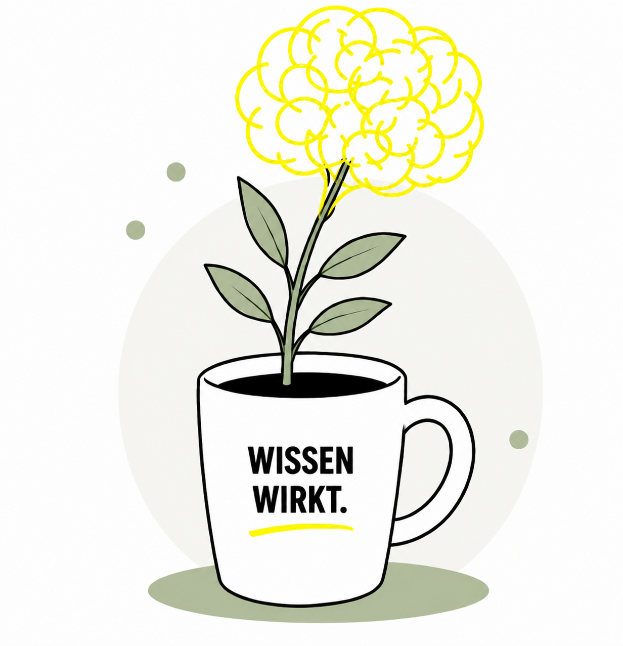 Illustration einer Tasse mit wachsender Wissensblume und der Aufschrift Wissen wirkt