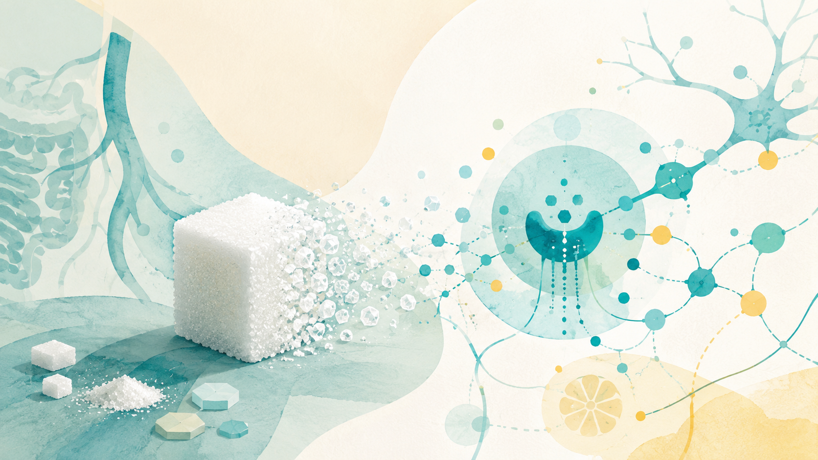 Abstrakte Editorial-Illustration zum Thema Zucker: Ein großer Zuckerwürfel löst sich in funkelnde Kristalle auf, die in ein schematisches Netzwerk aus molekülartigen Verbindungen und neuronalen Strukturen übergehen. Im Hintergrund sind stilisierte organische Formen zu sehen. Die Farbpalette besteht überwiegend aus Creme, Türkis und Hellblau mit einzelnen gelben Akzenten. Die Darstellung ist hell, reduziert und sachlich, ohne Menschen oder Text.