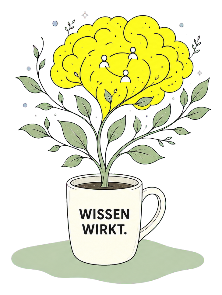 Illustration einer Tasse mit wachsendem Wissensbaum und drei verbundenen Menschen als Symbol für gemeinsames Lernen im Team