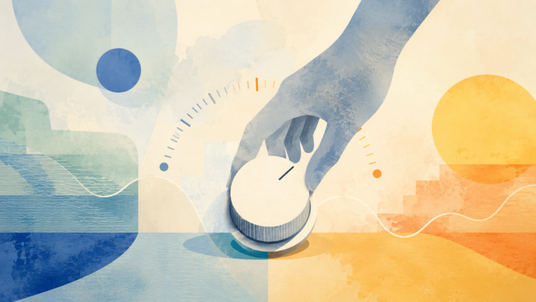 Abstrakte Illustration zum Thema „Kontrollgewinn durch Substanzkonsum“: Eine Hand dreht an einem großen Regler, umgeben von blauen, gelben und orangefarbenen Flächen, Linien und geometrischen Formen.