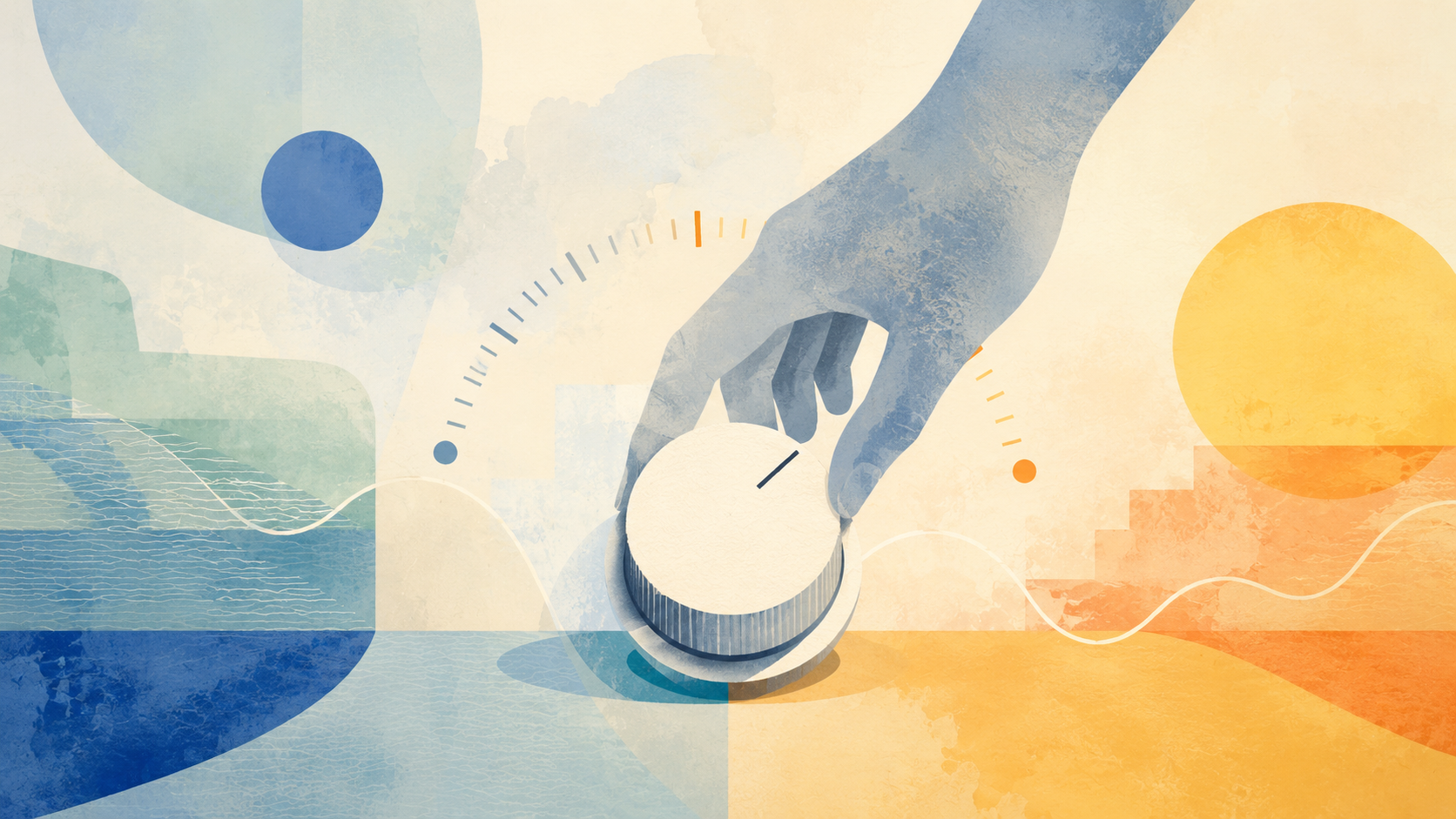 Abstrakte Illustration zum Thema „Kontrollgewinn durch Substanzkonsum“: Eine Hand dreht an einem großen Regler, umgeben von blauen, gelben und orangefarbenen Flächen, Linien und geometrischen Formen.