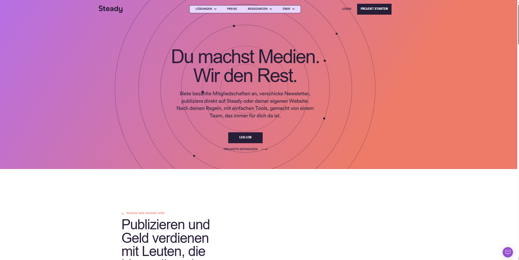 Steady-Startseite mit Möglichkeit zur Anmeldung