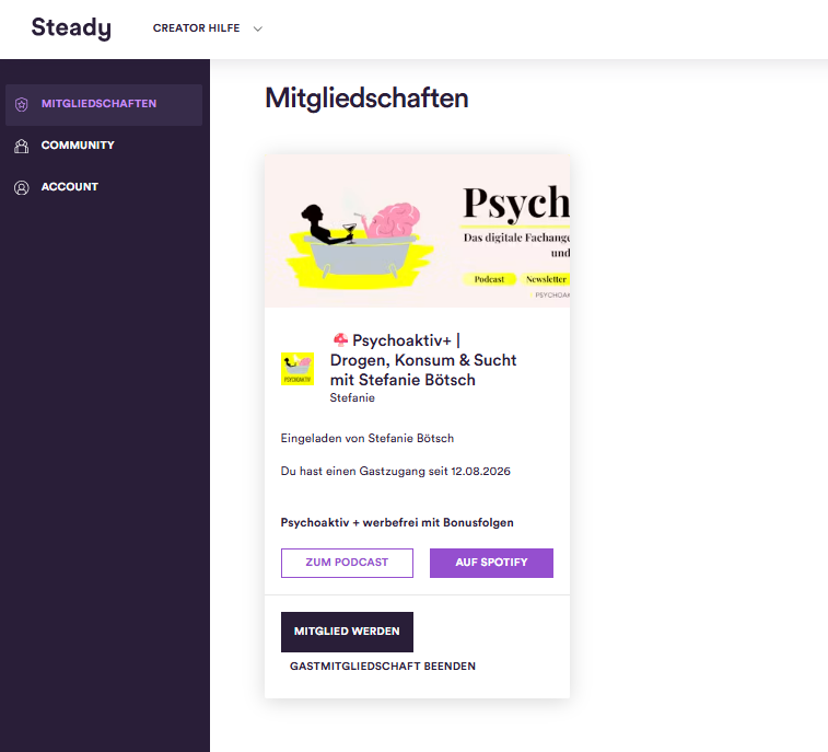 Übersicht der Mitgliedschaften im Steady-Konto