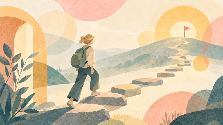 Illustration zum Thema „Ziele erreichen“: Eine Person setzt den ersten Schritt auf eine Reihe von Trittsteinen, die durch eine helle, abstrakte Landschaft zu einem entfernten Ziel führt.