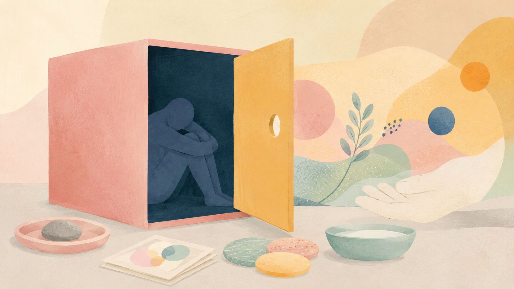Abstrakte Illustration zum Bearbeiten von Scham bei Sucht: Eine zusammengesunkene Figur sitzt geschützt in einem geöffneten, kastenförmigen Raum. Eine ausgestreckte Hand sowie Karten, Schalen und farbige Elemente symbolisieren methodische Zugänge und Unterstützung.