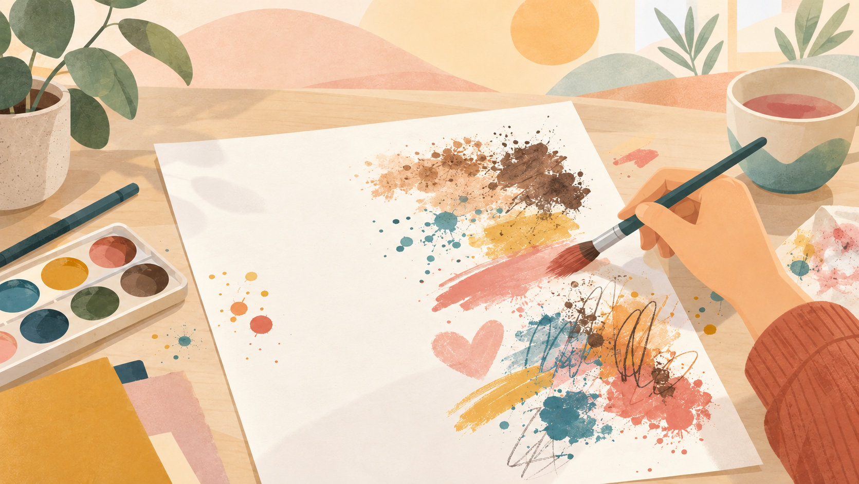 Illustration zum Selbstwertblatt: Eine Hand bearbeitet ein weißes Blatt mit Farbe, Flecken und verschiedenen Spuren. Das Blatt symbolisiert den Selbstwert und zeigt, wie Erfahrungen sichtbare Spuren hinterlassen können.